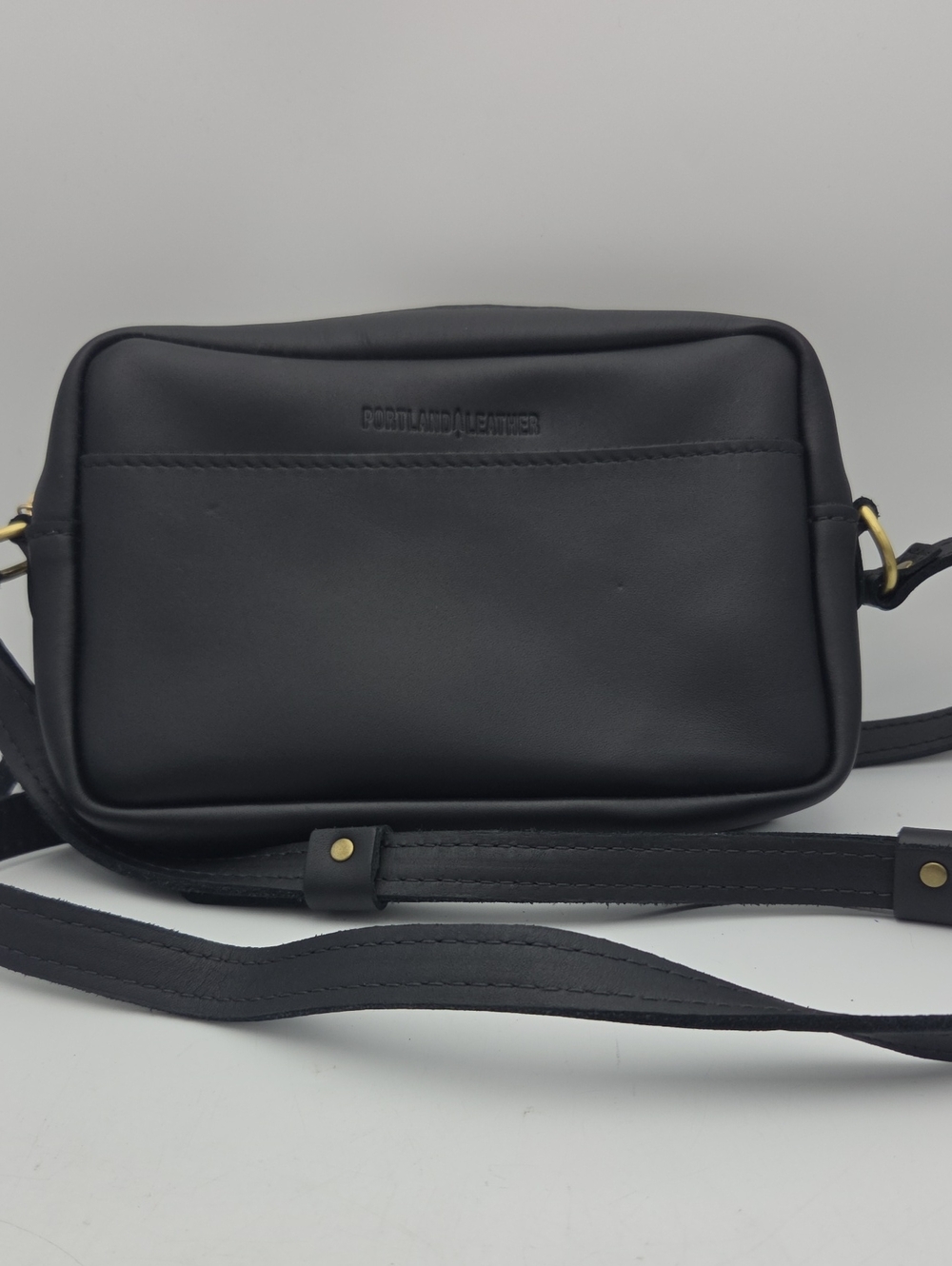Portland Leather Goods Black Leather Camera Crossbody Bag Gold Hardware
